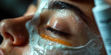 Close-up of a woman's face with a face mask applied around the eyes.