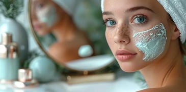 Woman with face mask, towel-wrapped hair.