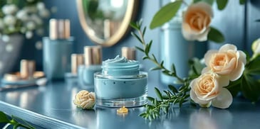 Blue skincare jar with roses and greenery.