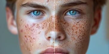 Side-by-side comparison of a boy's skin with and without acne.