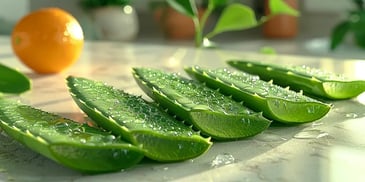 Fresh aloe vera slices with water droplets.