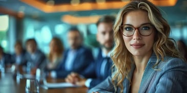 Confident woman with glasses and wavy hair, dressed in business attire, sitting at a conference table.