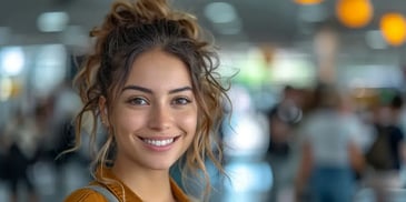 Smiling woman with curly hair in a crowd.