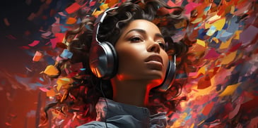 a person wearing headphones on a colorful background