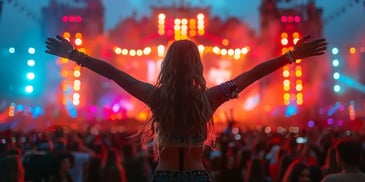 Woman enjoying a concert with arms raised.