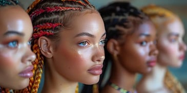 Four women with colorful braided hairstyles.