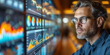 Man with glasses analyzing financial data on multiple large screens showing charts and graphs.
