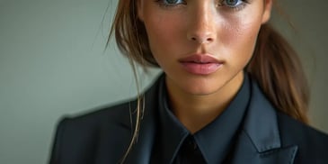 Close-up of a young woman in a black blazer, looking directly into the camera.