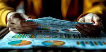 Close-up of hands holding a financial report with colorful graphs and charts, indicating data analysis.