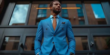 Confident man in a sharp blue suit with an orange tie standing outside a modern building.