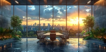 Conference room with a stunning city sunset.