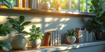 Indoor plants and books on sunlit windowsill.