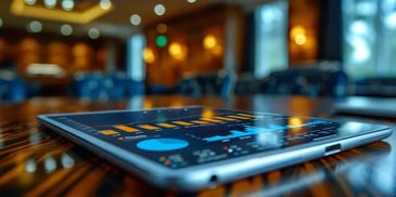 Tablet displaying financial graphs on a table.