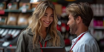 Two smiling retail employees talking in store.