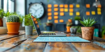 Laptop, plants, and calendar on a desk.