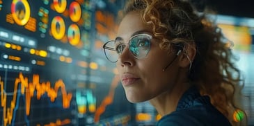 Woman analyzing data on large screen.