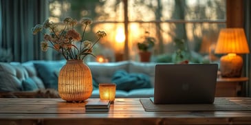 Cozy living room with a laptop on a wooden table.