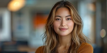 Young woman with long, wavy hair smiling.