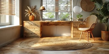 Sunlit home office with a rustic wooden desk, a wicker chair, and potted plants, featuring a woven rug and natural decor elements.