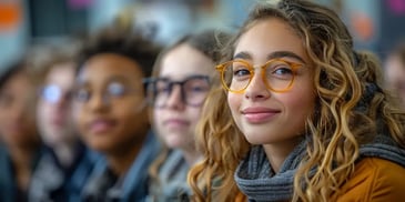 Smiling girl with curly hair and yellow glasses, sitting with a group of friends, all wearing glasses, in a brightly lit indoor setting.