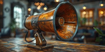 Rustic, vintage megaphone with a wooden finish, placed on a wooden table.