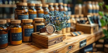 Wristwatch on display with jars.