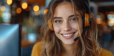 Smiling woman with freckles wearing a headset in a brightly lit, cozy office environment.