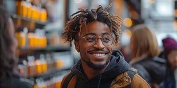 Smiling man with glasses and dreadlocks wearing a hoodie and jacket.