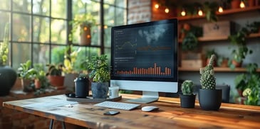 Modern home office with a large monitor displaying charts, a wooden desk.