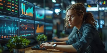 Focused woman analyzing financial data on multiple monitors in a dark, high-tech office.