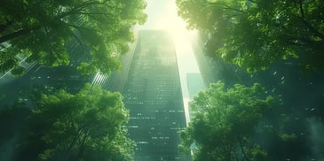 View of a tall skyscraper surrounded by lush green trees, bathed in soft sunlight filtering through the foliage.