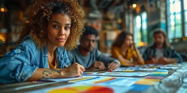 Focused woman with curly hair and denim jacket working on charts with colleagues in a collaborative, well-lit workspace.