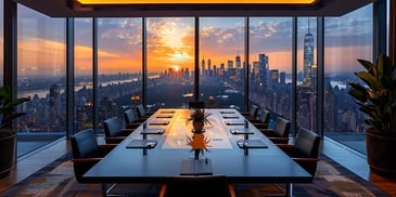 Conference room overlooking New York City sunset.