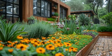 Lush garden with orange flowers and greenery.