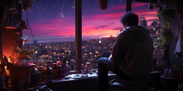 a person sitting in front of a window looking out a city