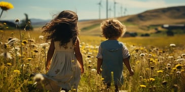 two children walking in a field of flowers