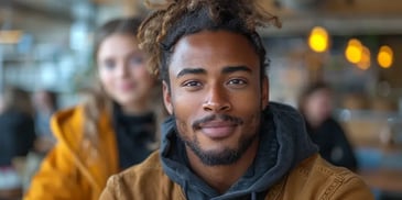 Man with dreadlocks and a beard, wearing a brown jacket and gray hoodie, smiling in a cozy café with a woman in the background.