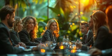 Group of professionals in a meeting, sitting around a table.