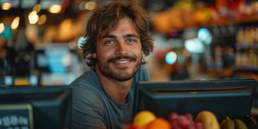 Smiling man with tousled hair and a beard, wearing a gray shirt.