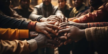 a group of people putting their hands together