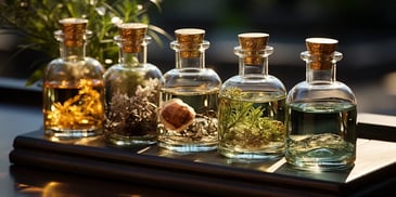 a group of glass bottles with liquid and plants inside