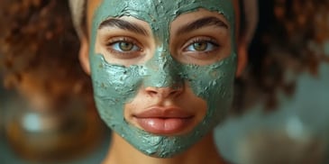 Woman with a green facial mask applied.