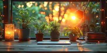 Wooden desk with potted plants, a lamp, and a closed laptop, illuminated by string lights and warm sunset glow through a window