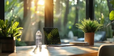 Laptop and water bottle on sunlit desk.