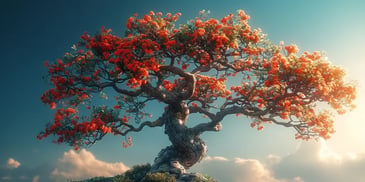 Tree with vibrant red flowers against sky.