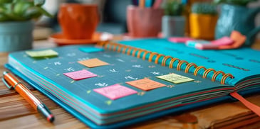 Planner with colorful sticky notes and pen.