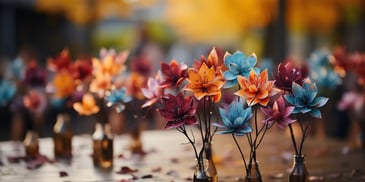 a group of colorful flowers in glass bottles