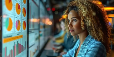 Focused woman with curly hair analyzing charts and graphs on large digital screens.