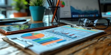 Close-up of a clipboard with colorful charts and graphs, glasses, a smartphone, and a laptop on a wooden desk.