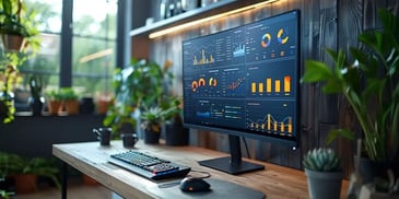 Home office setup with a large monitor displaying financial charts and data.